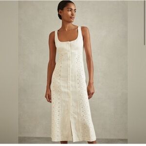 Reiss Clarice Linen Broderie Midi Dress - Ivory White Size 6